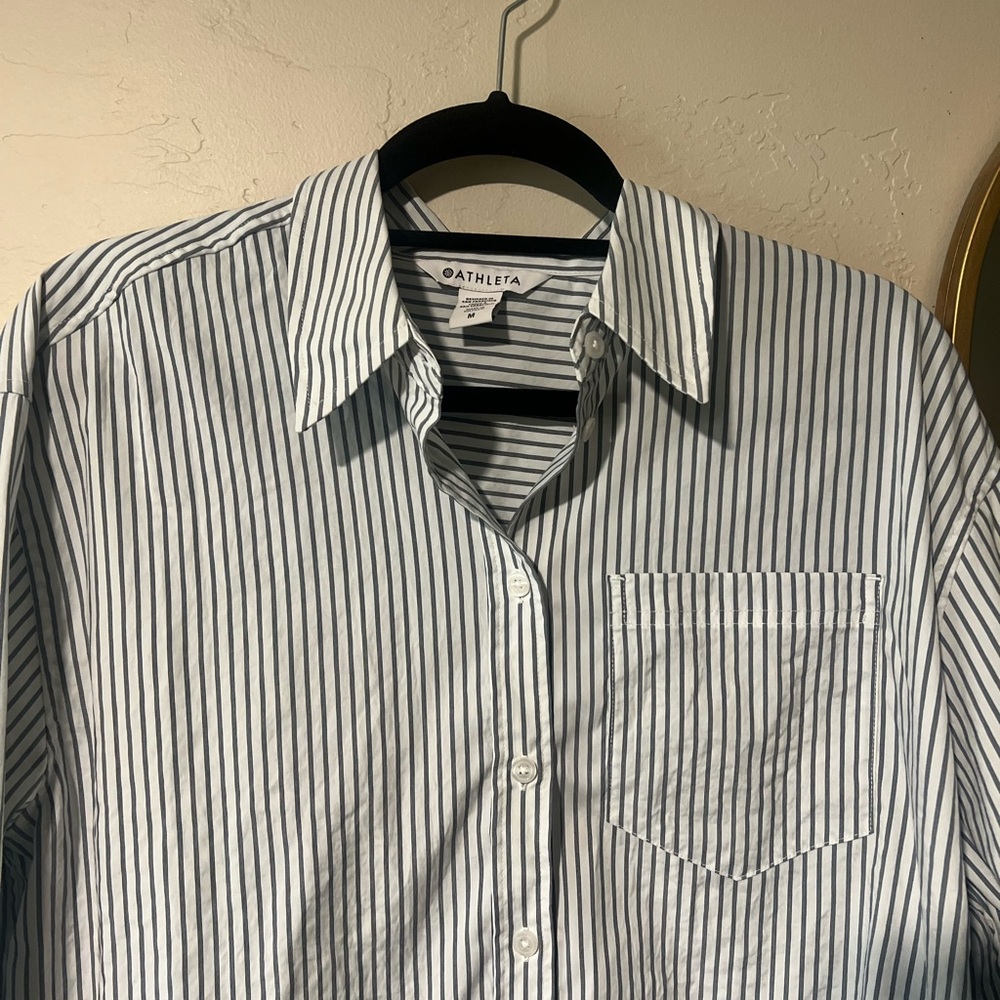 Athleta Midday Cropped Poplin Shirt Repose Navy Stripe Size M - Picture 4 of 14